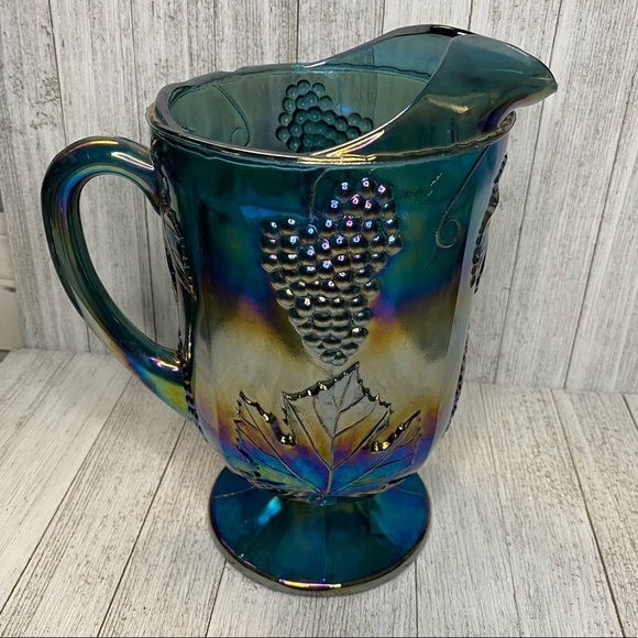 Iridescent Blue Carnival Glass Pitcher, Harvest Grape Carnival Glass Pitcher - Picture 1 of 9